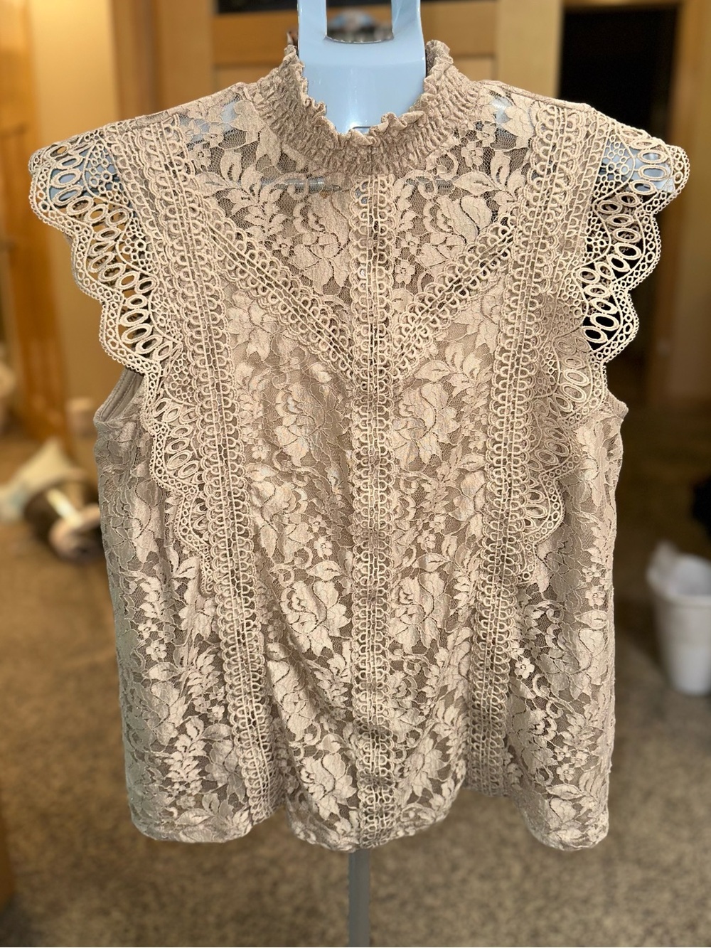 Cable & Gauge Beige Victorian Lace Mock Neck Sleeveless Top-Size L - NWT